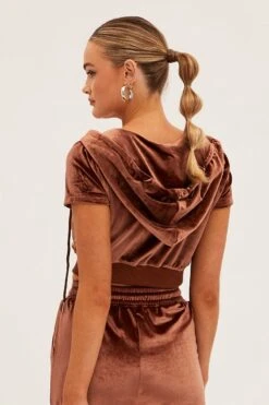 Brown Velour Short Sleeve Zip Lounge Hoodie -Women Clothing Shop oj12900 f3 chocolate 5