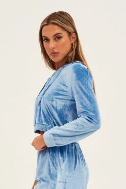 Blue Velvet Jacket Long Sleeve Hoodie -Women Clothing Shop oj13074x f3 blue 4