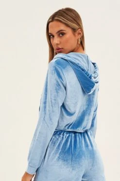 Blue Velvet Jacket Long Sleeve Hoodie -Women Clothing Shop oj13074x f3 blue 5