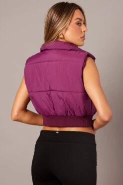 Purple Short Puffer Jacket Sleeveless With Pockets 11 Purple Short Puffer Jacket Sleeveless With Pockets -Women Clothing Shop oj1373 33w plum 5