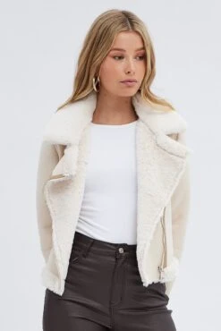 Beige Faux Fur Biker Jacket -Women Clothing Shop oj1389 33w beige 3