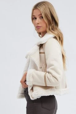 Beige Faux Fur Biker Jacket -Women Clothing Shop oj1389 33w beige 4