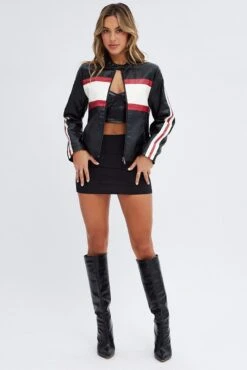 Black Faux Leather Jacket Long Sleeves -Women Clothing Shop oj1423 66w black 3