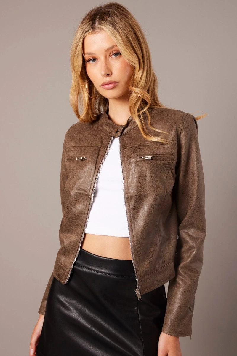 Brown Jacket Long Sleeve Crop Faux Leather 5 Brown Jacket Long Sleeve Crop Faux Leather - Image 3