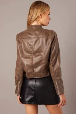 Brown Jacket Long Sleeve Crop Faux Leather 12 Brown Jacket Long Sleeve Crop Faux Leather -Women Clothing Shop oj1431 33wb chocolate 5