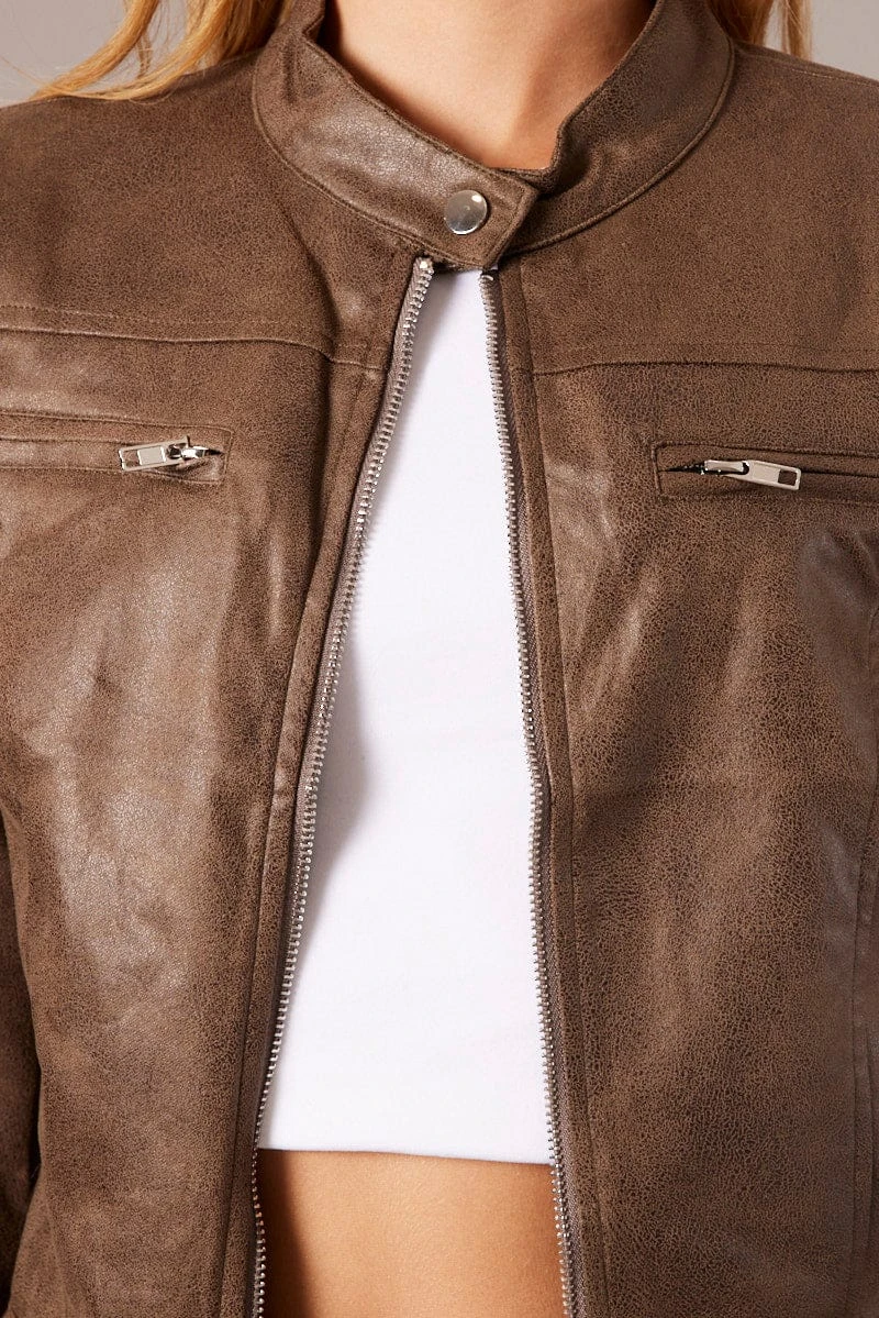 Brown Jacket Long Sleeve Crop Faux Leather 8 Brown Jacket Long Sleeve Crop Faux Leather - Image 6
