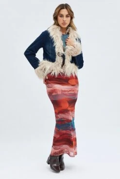 Denim Jacket Long Sleeve Faux Fur Tie Front Washed Denim -Women Clothing Shop oj1458 84w mid wash 3