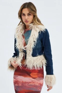 Denim Jacket Long Sleeve Faux Fur Tie Front Washed Denim -Women Clothing Shop oj1458 84w mid wash 4