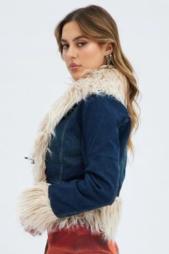 Denim Jacket Long Sleeve Faux Fur Tie Front Washed Denim -Women Clothing Shop oj1458 84w mid wash 5