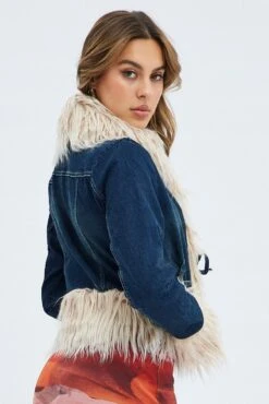 Denim Jacket Long Sleeve Faux Fur Tie Front Washed Denim -Women Clothing Shop oj1458 84w mid wash 6