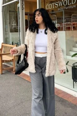 Camel Jacket Long Sleeves Collared Faux Fur