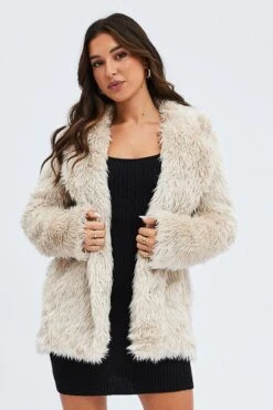Camel Jacket Long Sleeves Collared Faux Fur -Women Clothing Shop oj1460 33w beige 3
