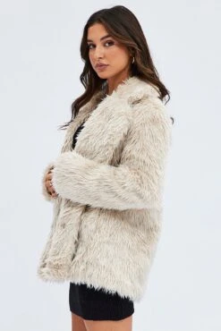 Camel Jacket Long Sleeves Collared Faux Fur -Women Clothing Shop oj1460 33w beige 4