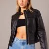 Black Jacket Long Sleeve Zip Faux Leather -Women Clothing Shop oj1485 66wb black 1