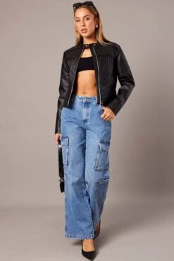 Black Jacket Long Sleeve Zip Faux Leather 9 Black Jacket Long Sleeve Zip Faux Leather -Women Clothing Shop oj1485 66wb black 2