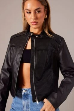 Black Jacket Long Sleeve Zip Faux Leather 10 Black Jacket Long Sleeve Zip Faux Leather -Women Clothing Shop oj1485 66wb black 3