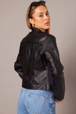 Black Jacket Long Sleeve Zip Faux Leather 12 Black Jacket Long Sleeve Zip Faux Leather -Women Clothing Shop oj1485 66wb black 5
