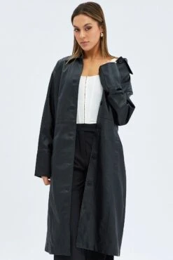 Black Jacket Longline Collar Long Sleeve Faux Leather -Women Clothing Shop oj1492 66w black 3