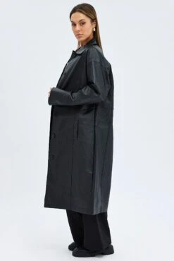 Black Jacket Longline Collar Long Sleeve Faux Leather -Women Clothing Shop oj1492 66w black 4