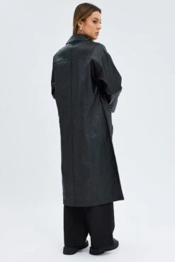 Black Jacket Longline Collar Long Sleeve Faux Leather -Women Clothing Shop oj1492 66w black 5