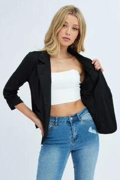 Black Blazer Jacket 3/4 Sleeve Lapel Single Breasted -Women Clothing Shop oj17325a 47wb black 3