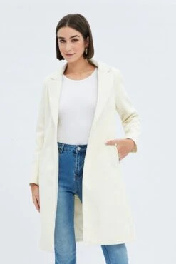 White One Button Coat Knee Length -Women Clothing Shop oj1832 66wb ecru 3