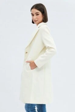 White One Button Coat Knee Length -Women Clothing Shop oj1832 66wb ecru 4