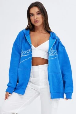 Blue Hoodie Zip Long Sleeve New York Embroidery -Women Clothing Shop oj1853d 84mb periwinkle 3