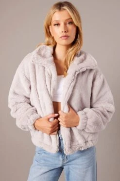 Grey Jacket Long Sleeve Faux Fur -Women Clothing Shop oj1861 33wb grey 3