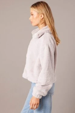 Grey Jacket Long Sleeve Faux Fur -Women Clothing Shop oj1861 33wb grey 4