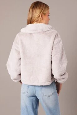 Grey Jacket Long Sleeve Faux Fur -Women Clothing Shop oj1861 33wb grey 5