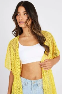 Yellow Crochet Cardigan Short Sleeve -Women Clothing Shop oj2012 51wb yellow 3