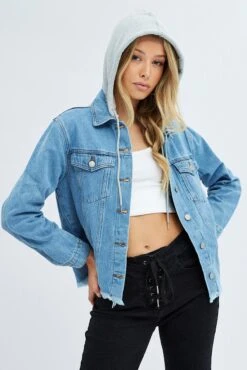 Blue Demin Jacket Long Sleeve Hoodie -Women Clothing Shop oj25701 28lm denim blue 3