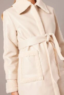 Camel Long Coat Shearling Lined Faux Leather -Women Clothing Shop oj31929 66mb beige 6
