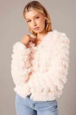 Pink Shag Faux Fur Jacket -Women Clothing Shop oj5016 33wb pale pink 3