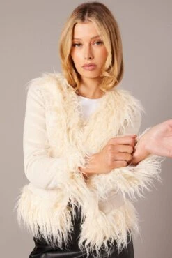 Beige Faux Fur Jacket Long Sleeves -Women Clothing Shop oj5021 33w beige 3