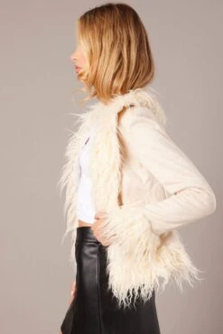 Beige Faux Fur Jacket Long Sleeves -Women Clothing Shop oj5021 33w beige 4