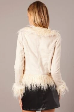 Beige Faux Fur Jacket Long Sleeves -Women Clothing Shop oj5021 33w beige 5