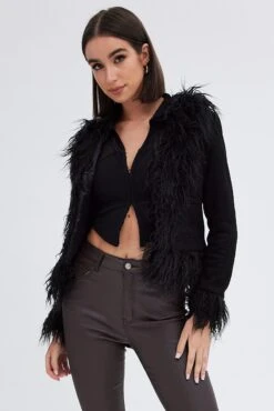 Black Faux Fur Jacket Long Sleeves -Women Clothing Shop oj5021 33w black 3