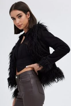 Black Faux Fur Jacket Long Sleeves -Women Clothing Shop oj5021 33w black 4