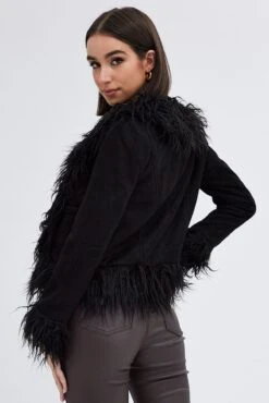 Black Faux Fur Jacket Long Sleeves -Women Clothing Shop oj5021 33w black 5