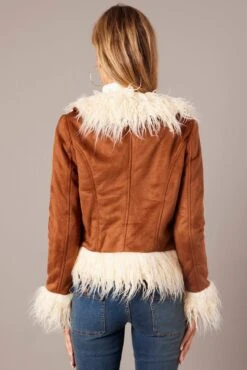 Brown Faux Fur Jacket Long Sleeves -Women Clothing Shop oj5021 33wb brown 5