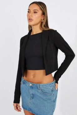 Black Crop Jacket 3/4 Sleeve -Women Clothing Shop oj5675 34wb black 3