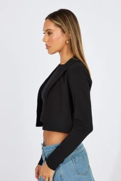 Black Crop Jacket 3/4 Sleeve -Women Clothing Shop oj5675 34wb black 4