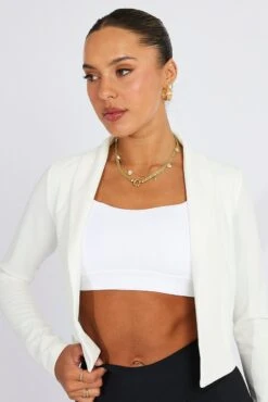 White Crop Jacket 3/4 Sleeve -Women Clothing Shop oj5675 34wb white 3