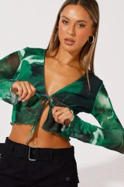 Green Abstract Tie Up Cardigan Long Sleeve