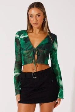 Green Abstract Tie Up Cardigan Long Sleeve -Women Clothing Shop oj5680a 84wb abstract 3