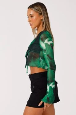 Green Abstract Tie Up Cardigan Long Sleeve -Women Clothing Shop oj5680a 84wb abstract 4