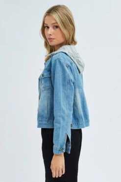Denim Blue Denim Jacket With Hood -Women Clothing Shop oj7410 f4 denim blue 4