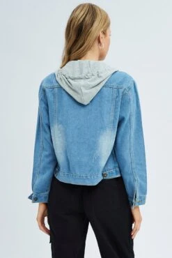 Denim Blue Denim Jacket With Hood -Women Clothing Shop oj7410 f4 denim blue 5